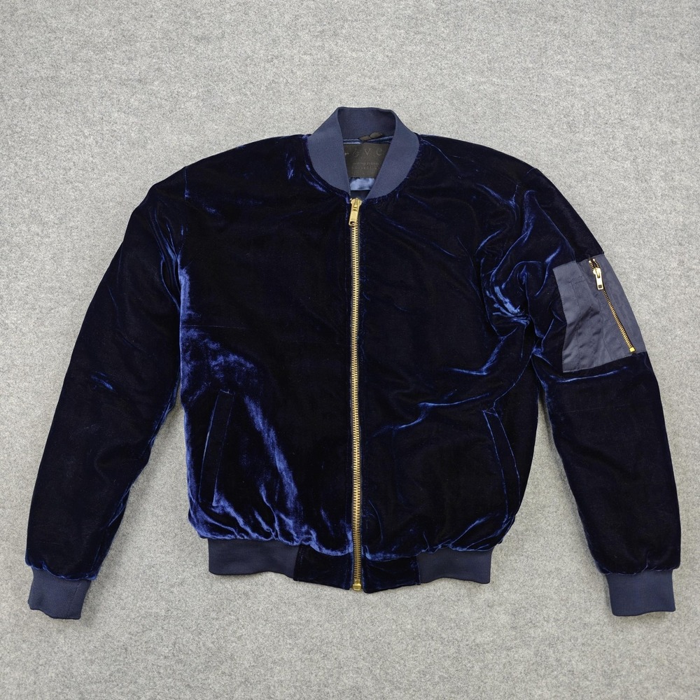 Reves‎ Jacket Mens Medium Blue Velvet Bomber Full Zip Lined Pockets Rib Knit